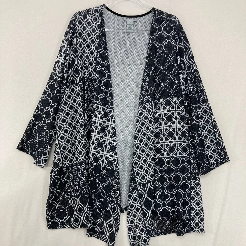 Catherines Open Front Jacket Kimono size 5X Black White Geometric Open Knit